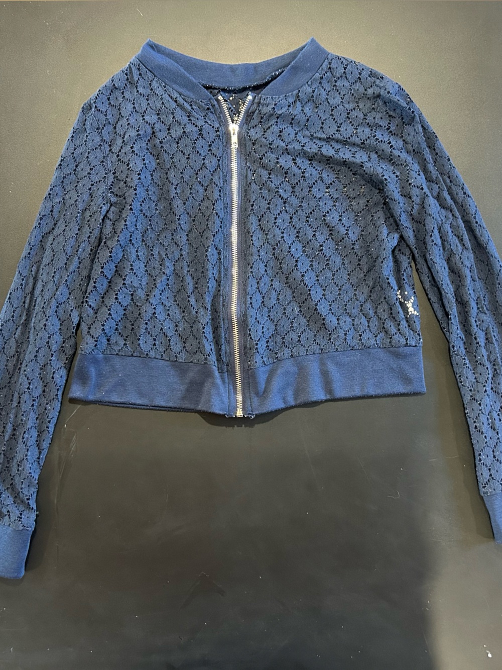 SHEIN Navy Floral Eyelet Lace Zip Up